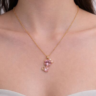 Pink Crystal kitty Charm Pendant Neckchain – Anti-Tarnish Stainless Steel